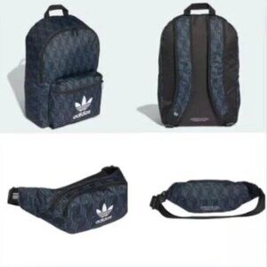 New Adidas Blue Black Monogram Backpack & New Adjustable Waist Belt Bag Bundle
